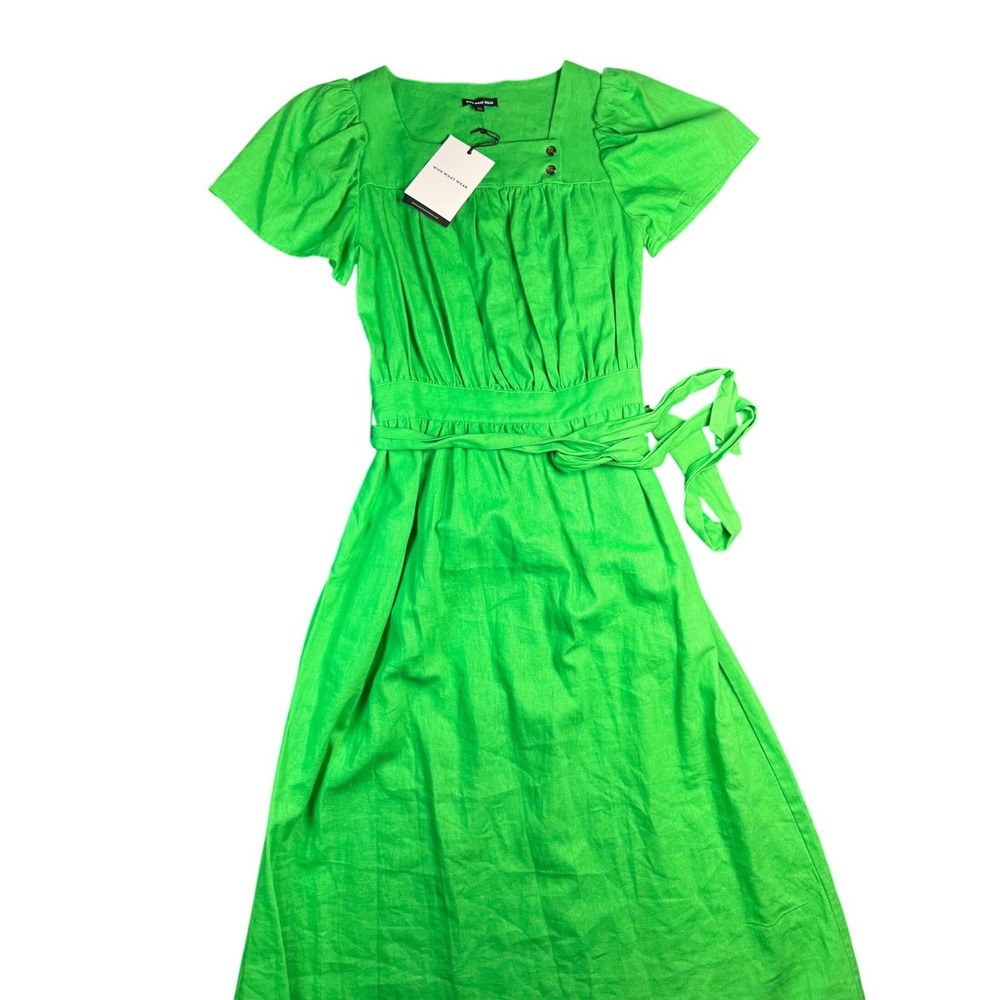 Who What Wear Kelly Green Midi Dress XS Puff Sleeve Tie Waist Square Neck NWT - Picture 3 of 10